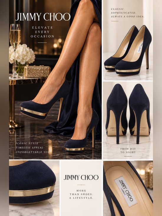Jimmy Choo Shoes - Jimmy Choo Navy Suede Platform Pump with Gold Trim